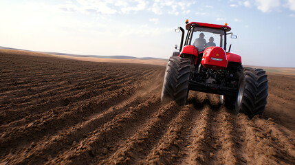Fototapeta premium Red tractor plowing a field, blue sky backdrop