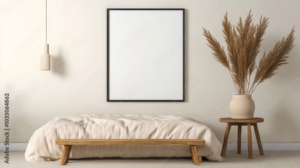 Wall mural A cozy bedroom interior with a minimalist aesthetic.  The space features a plush bed, a wooden bench, and a  pampas grass arrangement in a vase.  The room has a modern, sleek style with a blank canvas