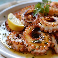 Fried octopus with lemon and parsley in a frying pan