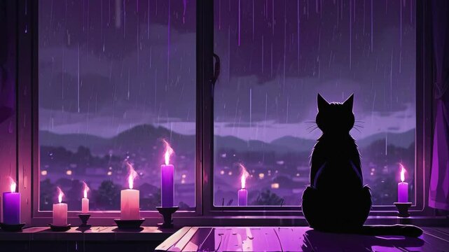 lofi art, It's a rainy night and a black cat is looking out the window and listening to the rain. purple color, candles, lights, lofi, lo-fi, lofi art, animation