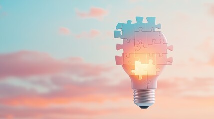 A lightbulb made of puzzle pieces floats against a pastel sky, symbolizing creativity and innovative thinking.