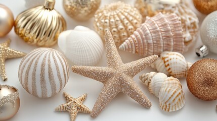 Close-up of elegant Christmas ornaments and seashells in soft gold and white on a pristine background for festive decoration