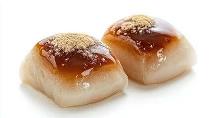 Sweet Japanese warabi mochi topped with sweet syrup and kinako powder, isolated on white background