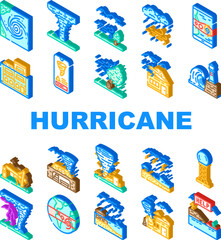 hurricane cyclone storm wind icons set vector. typhoon rain, surge flood, eye pressure, gust warning, watch, landfall damage hurricane cyclone storm wind isometric sign illustrations