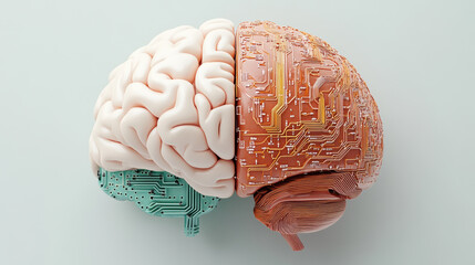 A striking visual of a brain split between organic matter and digital circuits highlights the merging realms of biology and technology.