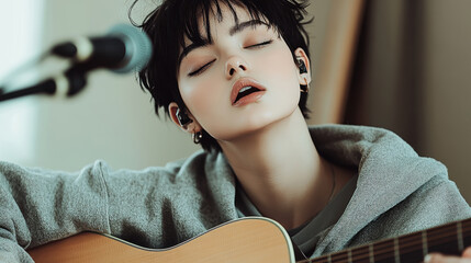 In tranquil contemplation, a musician feels the rhythm deeply while playing guitar, eyes closed in an emotive yet serene moment.