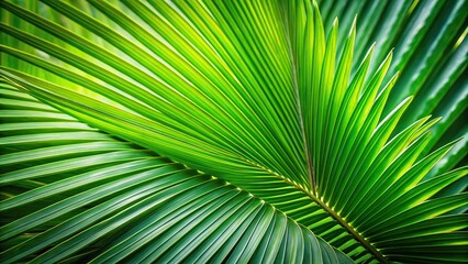 Low angle view of lush green palm tree leaves, perfect for a tropical and fresh background