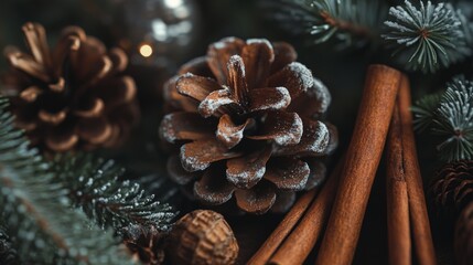 A close-up of rustic Christmas spices, pinecones, and cinnamon sticks, beautifully arranged for a festive winter atmosphere