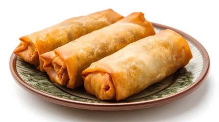 Fried Chinese Traditional Spring rolls food in ceramic plate (beautiful shape) on white background. 