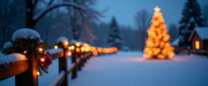 Christmas banner, Snowy Scene, festive tree decorations, ornaments, new year background, holidays promotion, bokeh lights, blurred backdrop, copy space, space for text, mockup