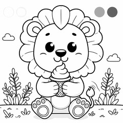 Obraz premium Coloring book illustration of a lion carrying food