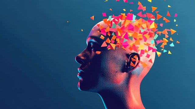 A vibrant visual of a human head with colorful fragments exploding from the top