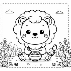 Obraz premium Coloring book illustration of a lion carrying food
