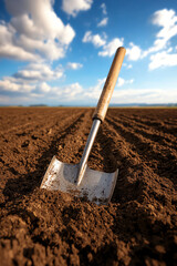 Shovel in soil under blue sky