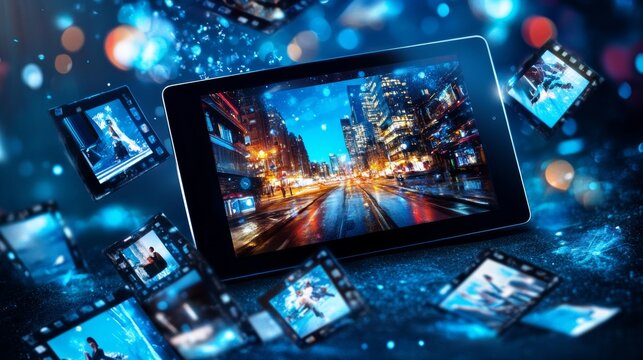 A streaming service with high-definition movies playing on a tablet, showcasing easy access to online content