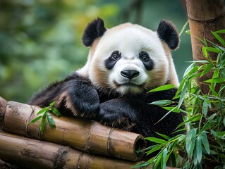 A panda resting on bamboo stalks, surrounded by gentle breezes