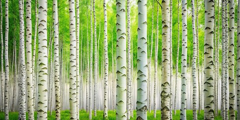 Minimalist birch tree forest with white trunks and light green leaves