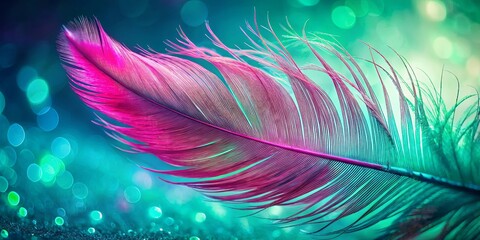 Obraz premium A Vibrant Pink Feather with Delicate Barbs and a Soft Focus Background of Sparkling Turquoise Lights