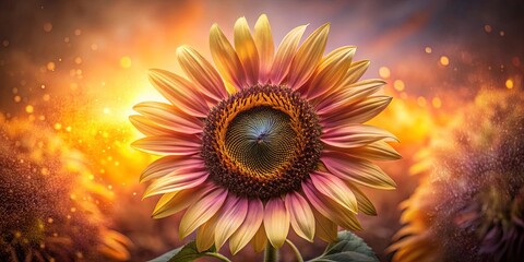 A single sunflower with delicate petals, bathed in a golden glow, stands out against a backdrop of a blurred field and a soft, dreamy sky, illuminated by warm, shimmering light.