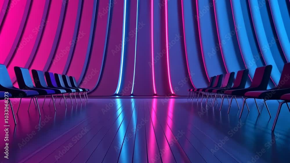 Aufkleber a vibrant setting with colorful lights and empty chairs arranged for an event or meeting