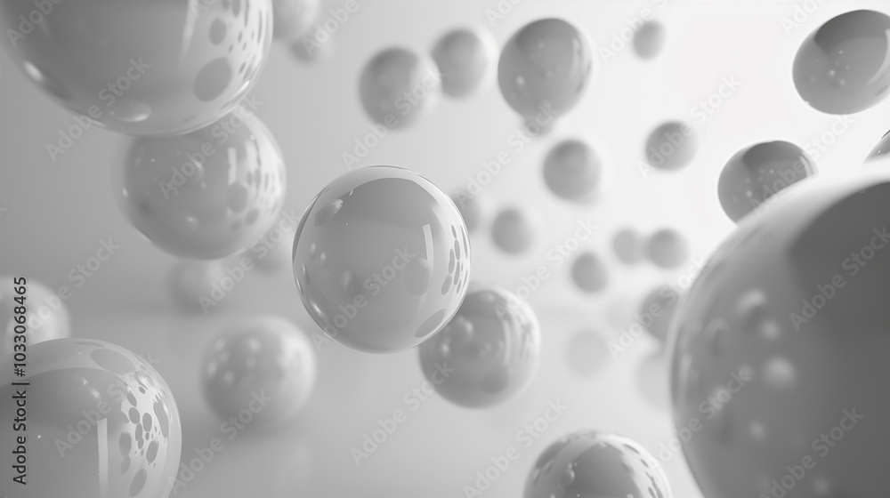 Poster abstract background 3d wallpaper with glossy spheres floating in a minimalist white space.
