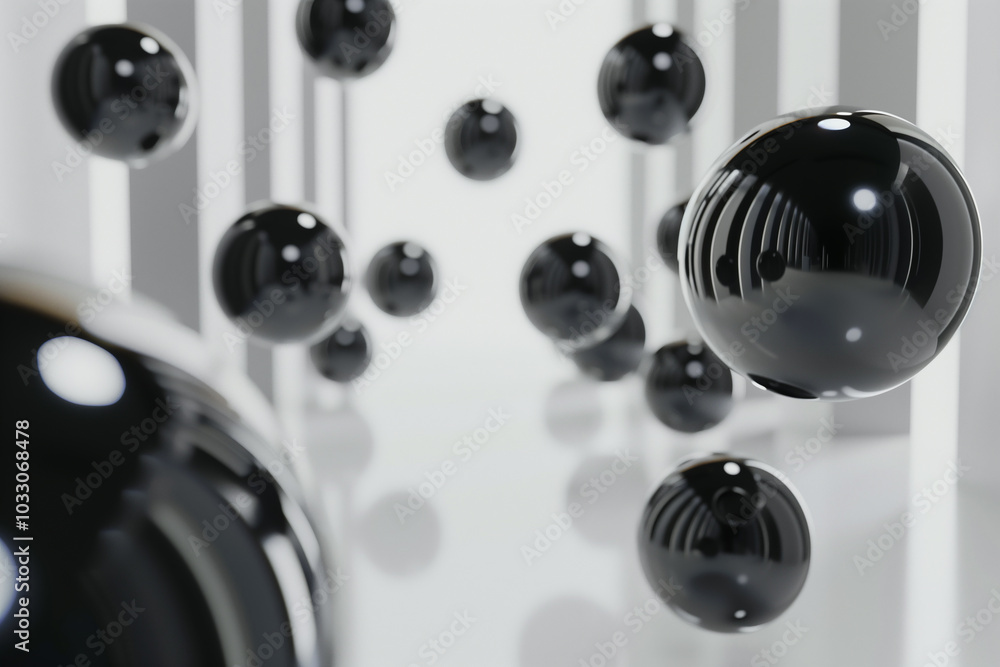 Poster abstract background 3d wallpaper with glossy spheres floating in a minimalist white space.