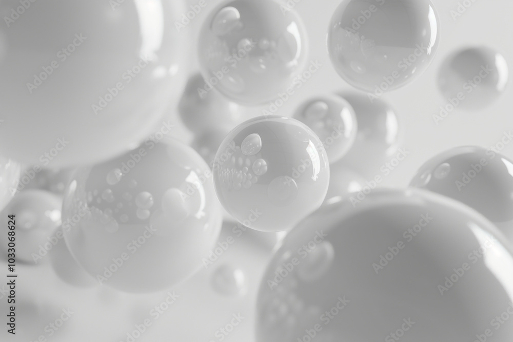 Poster abstract background 3d wallpaper with glossy spheres floating in a minimalist white space.