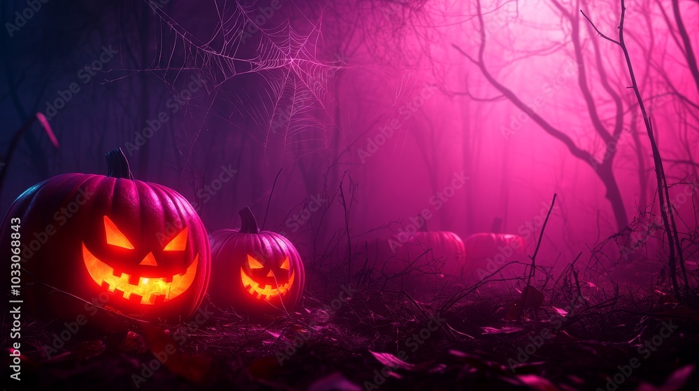 Canvas Prints Glowing jack-o-lanterns illuminate a spooky forest path shrouded in pink fog, creating an eerie and mysterious atmosphere. Halloween, mystery, nature, darkness, light.