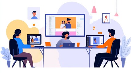 A video editor rendering a high-quality video project, with progress bars and cloud synchronization on multiple screens