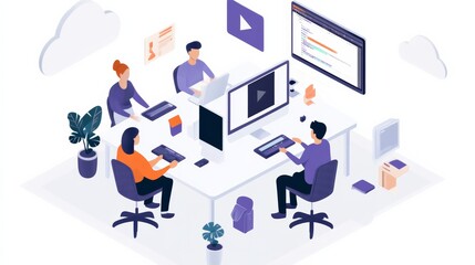 A video editor rendering a high-quality video project, with progress bars and cloud synchronization on multiple screens