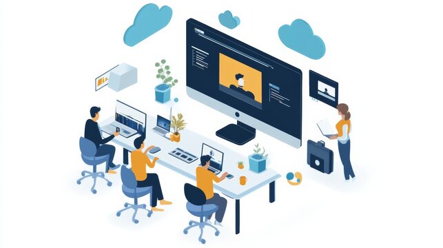 A video editor rendering a high-quality video project, with progress bars and cloud synchronization on multiple screens