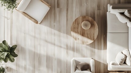Minimalist Scandinavian living room with a neutral color palette, clean lines, and natural wood furniture, viewed from a top view style.