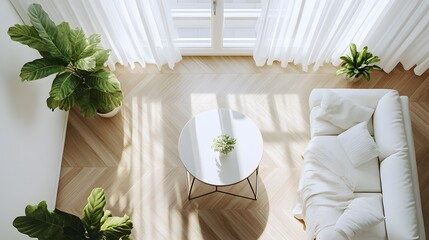 Top view style of a cozy living room featuring a white sofa, geometric coffee table, and minimalist decor in neutral tones.