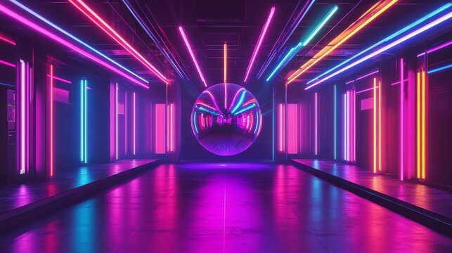 Empty nightclub featuring vibrant neon lights and a large disco ball in a futuristic setting, creating a lively atmosphere at night