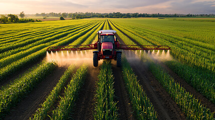 Fototapeta premium Tractor spraying chemicals in green field
