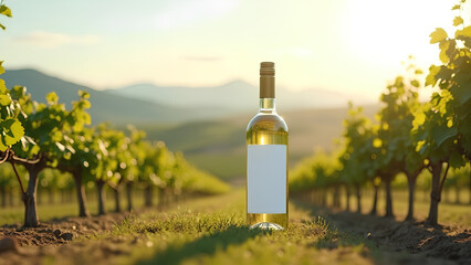 Fototapeta premium White wine bottle mockup in a vineyard landscape with lush grapevines and rolling hills