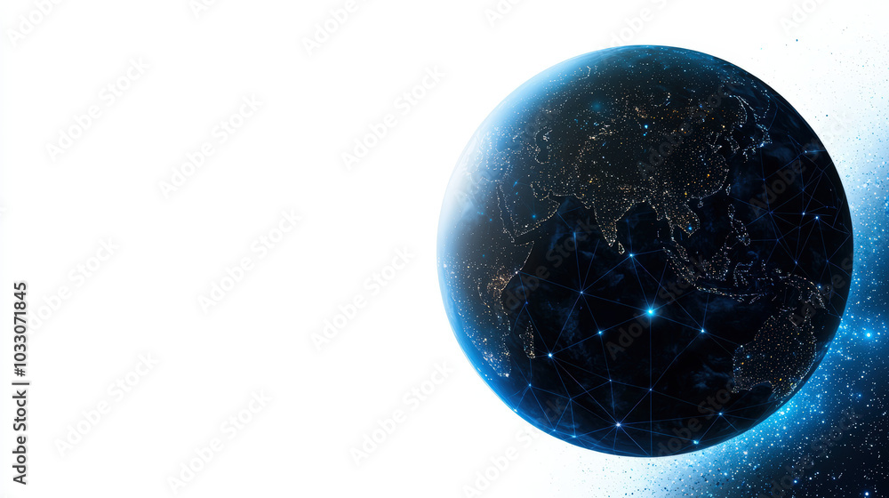 Poster digital representation of earth showcasing global network with interconnected nodes and bright light