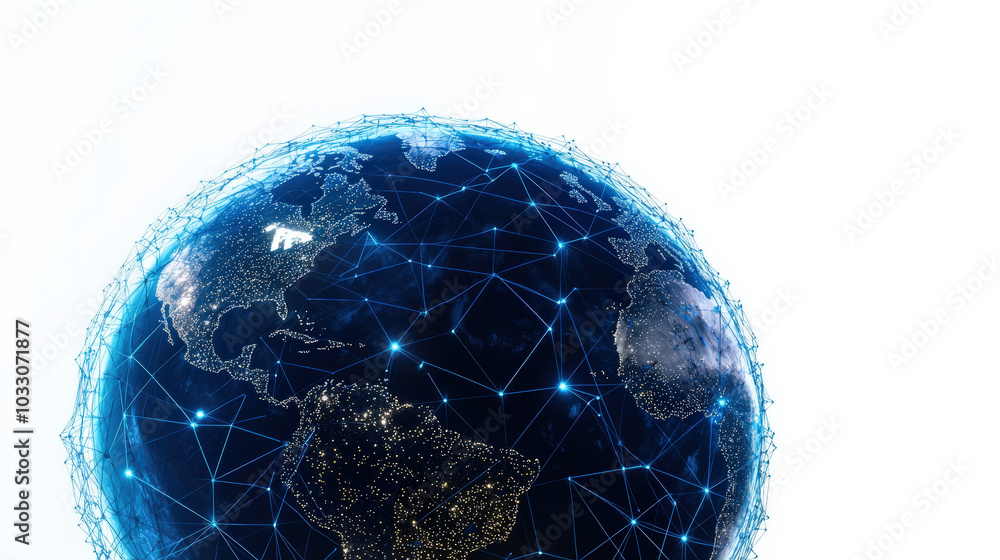 Poster digital globe showcasing global network with interconnected nodes and bright city lights. this repre