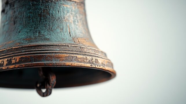 Large historic bell from a clock tower, aged bronze texture, white background