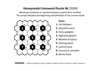 Honeycomb crossword puzzle game № 23243. General knowledge, family friendly content. Answer included.
