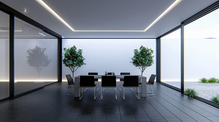 minimalistic conference room with modern decor and green plants