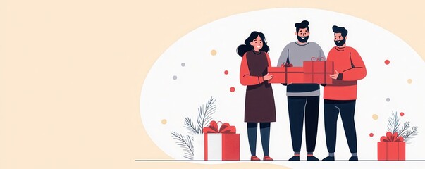 Obraz premium Three people joyfully present a gift together, surrounded by festive elements, embodying the spirit of celebration and giving.