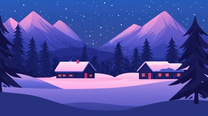 A serene winter landscape featuring snow-covered mountains, cozy cabins, and a starry night sky.