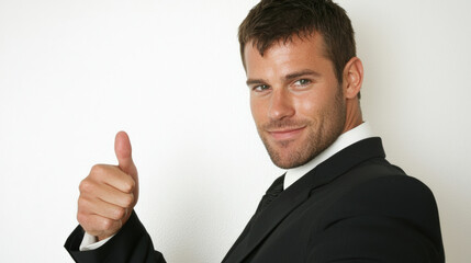 Confident businessman in suit giving thumbs up, showcasing positivity and professionalism. His smile reflects success and determination in corporate environment