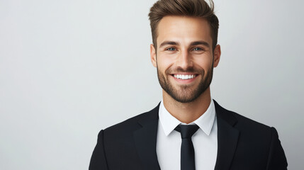 confident businessman in suit, smiling warmly against neutral background. His professional appearance and friendly demeanor convey success and approachability