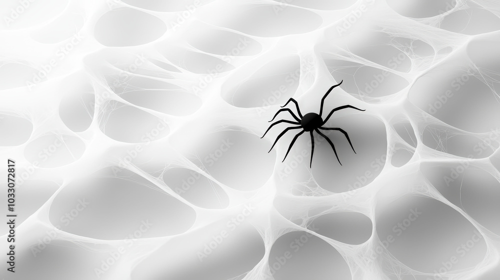 Poster black spider crawls across delicate white cobweb, creating striking contrast against light backgroun