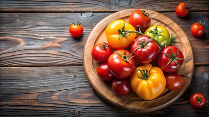 red and yellow tomatoes on a wooden plate in a panoramic view
