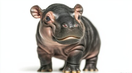 Fototapeta premium Baby hippo standing with his mouth slightly open, ready to play, isolated on white background