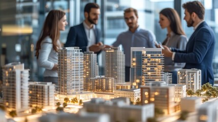 Business professionals strategize real estate developments with scale models in modern office setting
