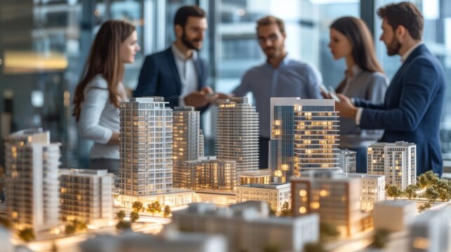 Business professionals strategize real estate developments with scale models in modern office setting